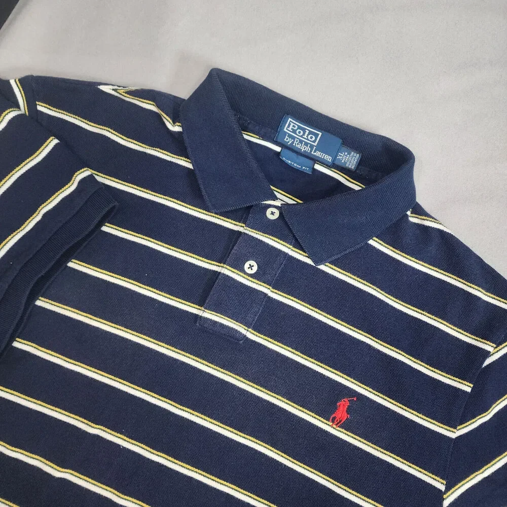 Ralph Lauren Polo Blue and Yellow striped Short Sleeve Pull Over Men's Sz XL‎